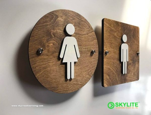 bathroom sign laser cut acrylic on wood 1