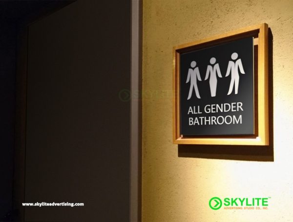 engraved metal all gender restroom sign with framed